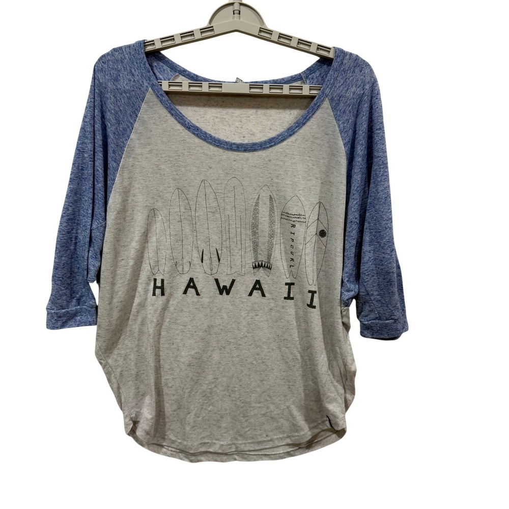 Rip Curl Hawaii Surfboard Graphic Raglan 3/4 Sleeve Shirt Gray Blue Linen BlendM